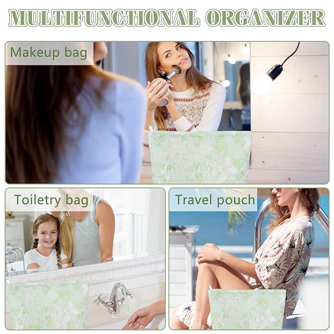 ZLFSRQ Flower Makeup Bag for Women Girls Teens Travel Cute Floral Cosmetic Bags Large Zipper Cosmetic Pouch for Purse Portable Toiletry Bag Aesthetic Embossed Green Makeup Brushes Storage Organizer