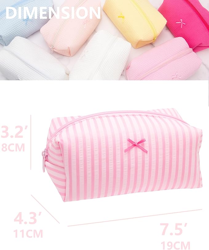 2PCS Cozy Makeup Bag Small Aesthetic Travel Zipper Cosmetic Pouch for Women Make Up Beauty Accessories Brushes, Stripe Cute Pink