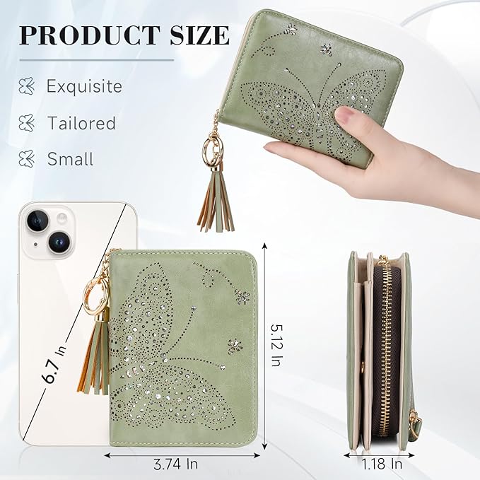 Women RFID Blocking Small Bifold Wallet, Compact Cash Clutch with Zipper Coin Pocket, Glittery Butterfly Design, Credit Card Holder, Travel Purse with Tassel GREEN