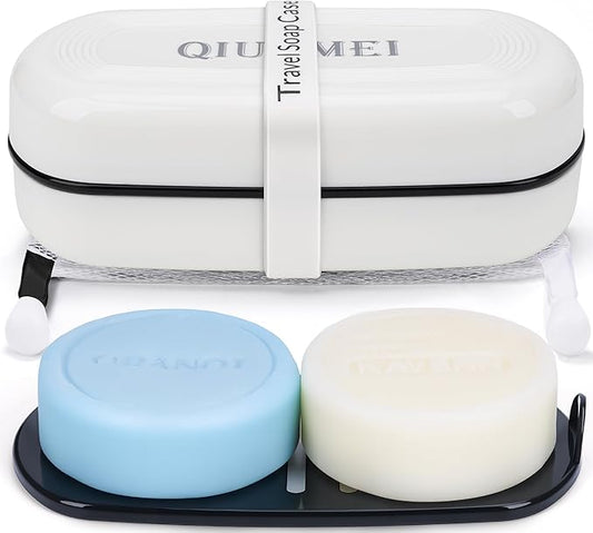 Shampoo Bar Holder and Soap Case | Leakproof Travel Container with Lid & Drain Tray | Includes Silicone Strap and Mesh Soap Bag | for Bathroom, Shower, Camping, Gym Travel (White, Large)