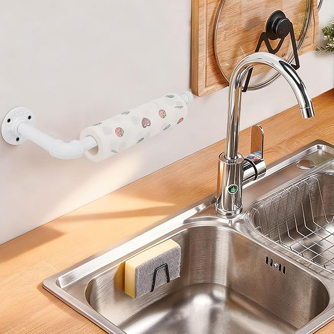 Industrial Iron Pipe Kitchen Paper Towel Holder, Vintage Farmhouse Heavy Duty DIY Industrial Rustic Wall Mount Paper Towel Rack for Kitchen Bathroom (1, White)