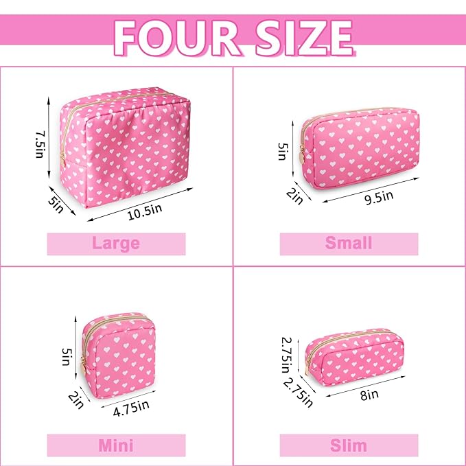 Small Makeup Pouch for Purse，Nylon Travel Toiletry Storage Cute Preppy Cosmetic Bag for Women Girls，Waterproof Makeup Organizer Pouch Skincare Purse with Zipper (Small-Pink Heart)