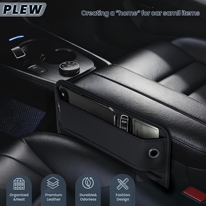 PLEW 2-Pack Black Obsidian Car Seat Gap Filler, Premium Leather Console Organizer Universal Fit for Car SUV Truck Multi-Purpose Essentials Organizer - Anti-Drop Auto Interior Accessories