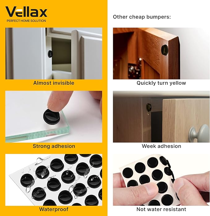 128 Self Adhesive Cabinet Door Bumpers – Sticky Black Silicone Rubber Pads for Furniture Drawers, Kitchen Cabinets, Decor, Wall Protection – Vellax