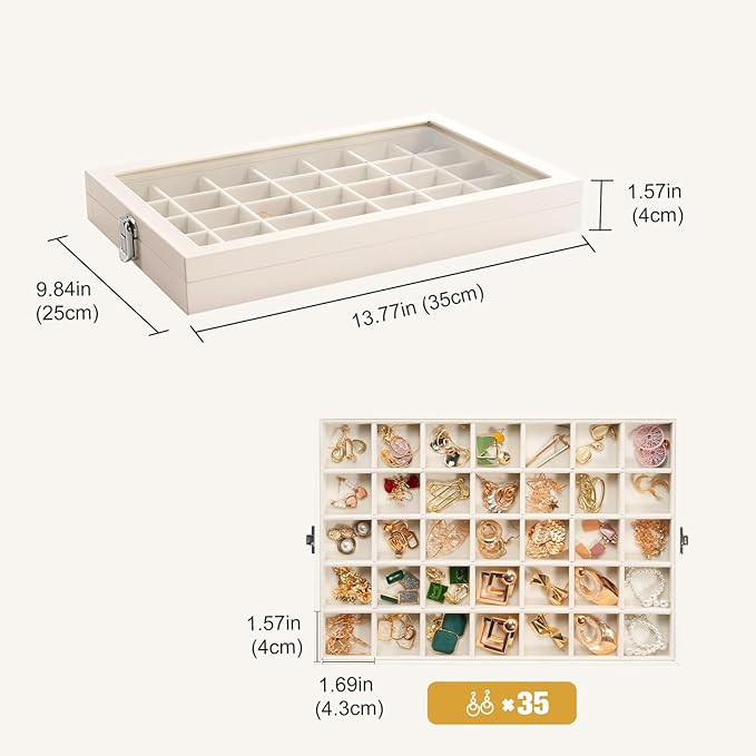 Lolalet Jewelry Organizer Tray with Lid, 35 Grids Velvet Earring Organizer Holder Storage Box for Drawer -Beige