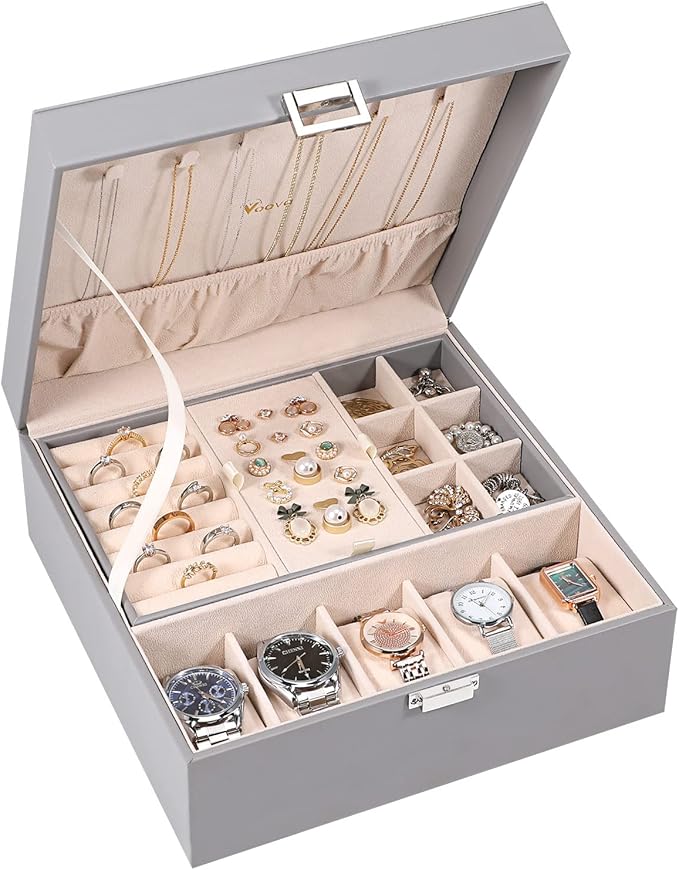 Voova Jewelry Box Organizer for Men Women, 2 Layer 5 Slot Watch Storage Case with Removable Tray, PU Leather Large Jewellery Holder Display for Watches Sunglasses Rings Earrings Necklace, Grey