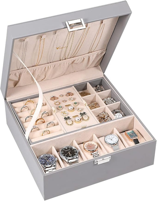 Voova Jewelry Box Organizer for Men Women, 2 Layer 5 Slot Watch Storage Case with Removable Tray, PU Leather Large Jewellery Holder Display for Watches Sunglasses Rings Earrings Necklace, Grey