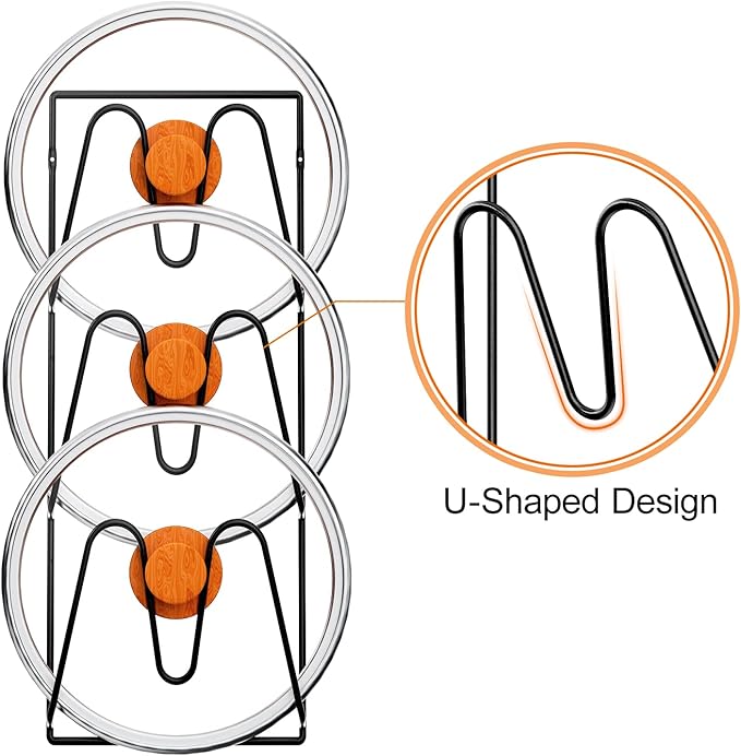 2 Pack Pot Lid Organizer Rack, 6-Tier Pot Lids Holder for Cabinet Door/Wall, No Drilling Adhesive Wall/Door Mounted Rustproof Pot and Pan Cover for Kitchen Storage, Classic Black