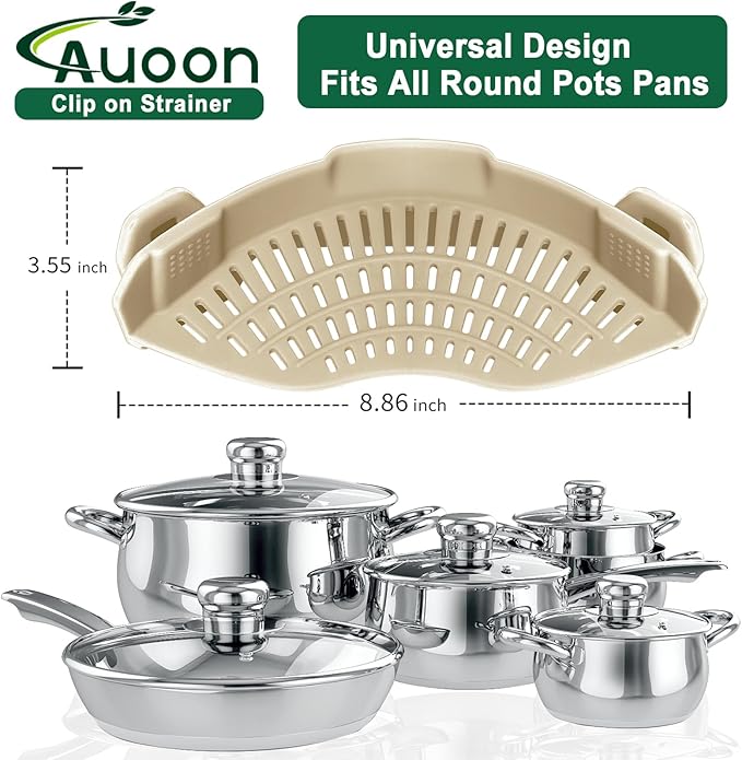 AUOON Clip on Strainer - Silicone Pasta Strainer for Pots Pans and Bowls | Space-Saving Kitchen Essentials for Cooking and Draining | Dishwasher Safe (MilkShake)