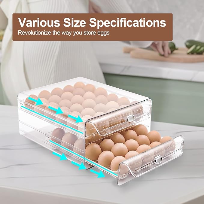 MFBJXC Egg Holder for Refrigerator, 60 Eggs Clear Drawer Organizer, 2-Layer Stackable Egg Holder Egg Trays, Egg Storage Container with Time Scale for Fridge Countertop Cabinet