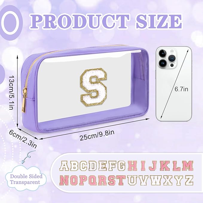 Small Clear Personalized Initial Makeup Bag,Nylon Preppy A-Z Chenille Letter Patch Cosmetic Pouch Beach Toiletry Bag,Waterproof Zip Travel Purse Storage Bag Organizer for Women Girls(Purple-White S)