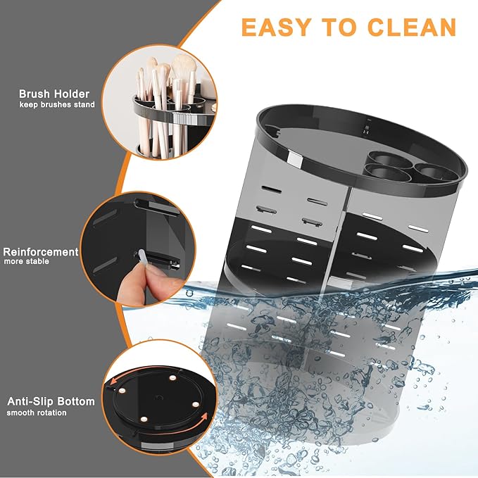 Rotating Makeup Organizer for Vanity, 360 Spinning Skincare Organizers with Adjustable Trays, Make Up Desk Storage Carousel Rack, Cosmetic Display Cases for Dresser Bathroom Countertop Black