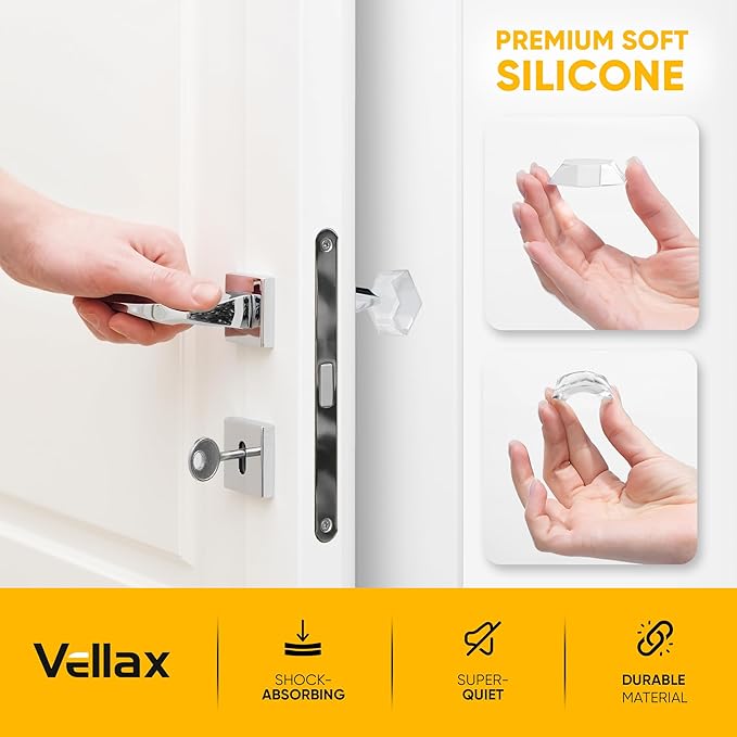 Large 2" Door Knob Wall Protectors – 4 Clear Self-Adhesive Silicone Bumper Pads in Modern Hex Shape – Noise Dampening Wall & Furniture Guards by VELLAX