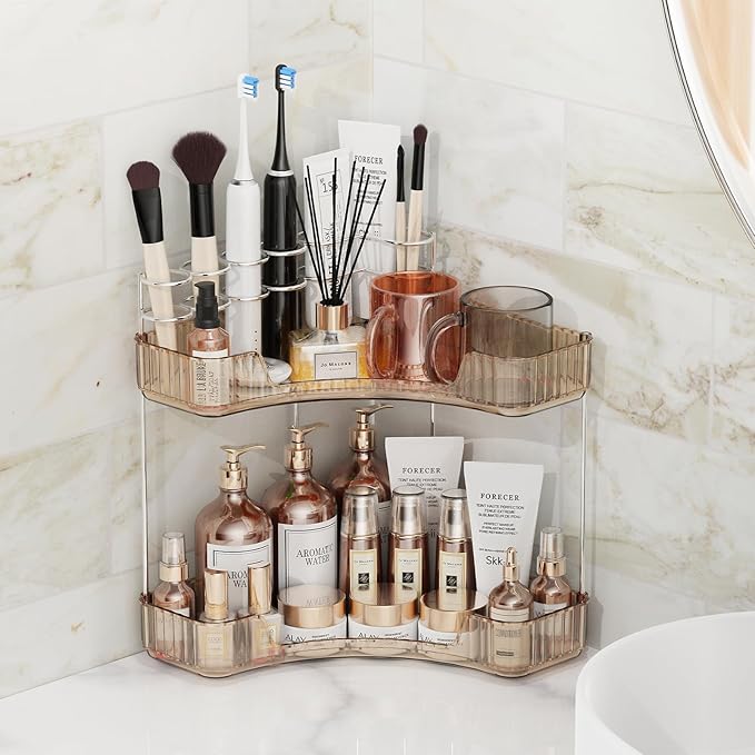 2-Tier Corner Bathroom Counter Organizer with Top Toothbrush Holders,Large Makeup Organizer Countertop with Brush Holder,Skincare Organizers Corner,Exquisite Vanity Organizer (Gold, 2 Tier)