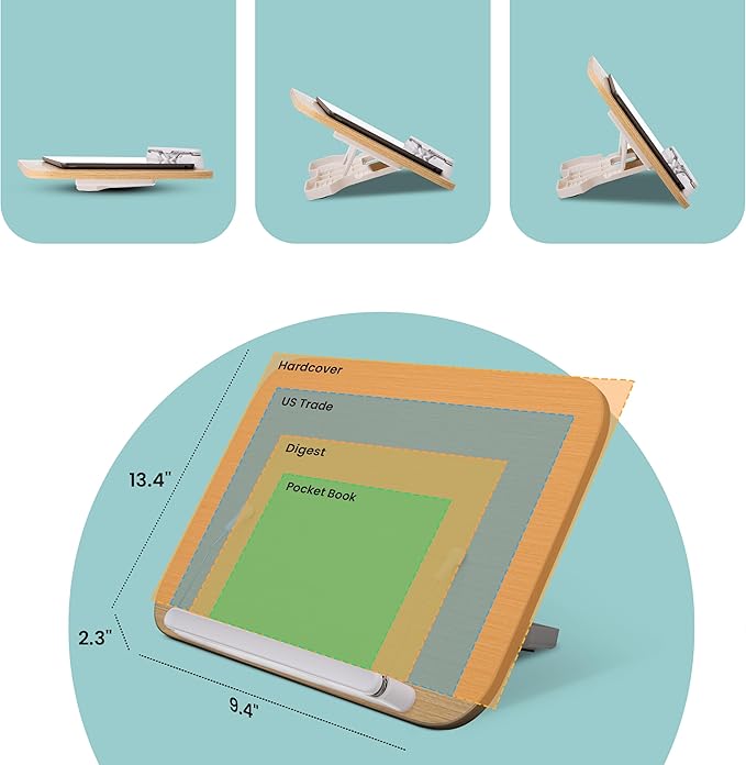 Wood Book Stand - Book Holder for Reading Hands Free, Foldable, Adjustable Book Display Stand, Cookbook Stand Portable, Lightweight Page Holder for Book Lovers, Cooks, Students 13.4"x9.4"
