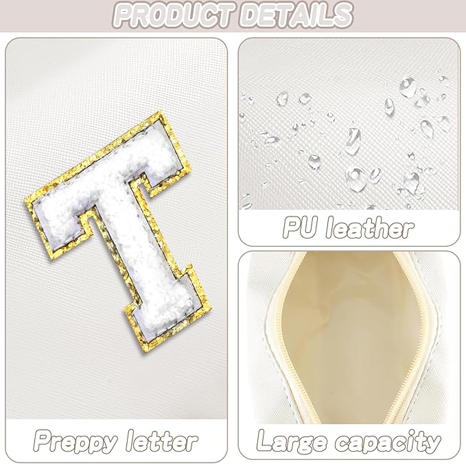 Gifts for Girls Initial Makeup Bag Personalized Cosmetic Bag with Zipper Cute Travel Toiletry Bags Waterproof PU Preppy Makeup Pouch Birthday Gift for Teen Girls Women(White T)