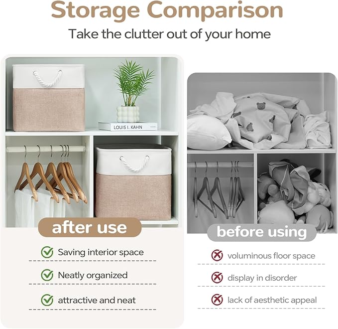 VQRTEXA 13 x 13 Inch Cube Storage Bins, 6 Pack Fabric Storage Basket with Handles, Foldable Boxes Organizer for Shelf Baskets for Home, Clothes (White/Khaki)