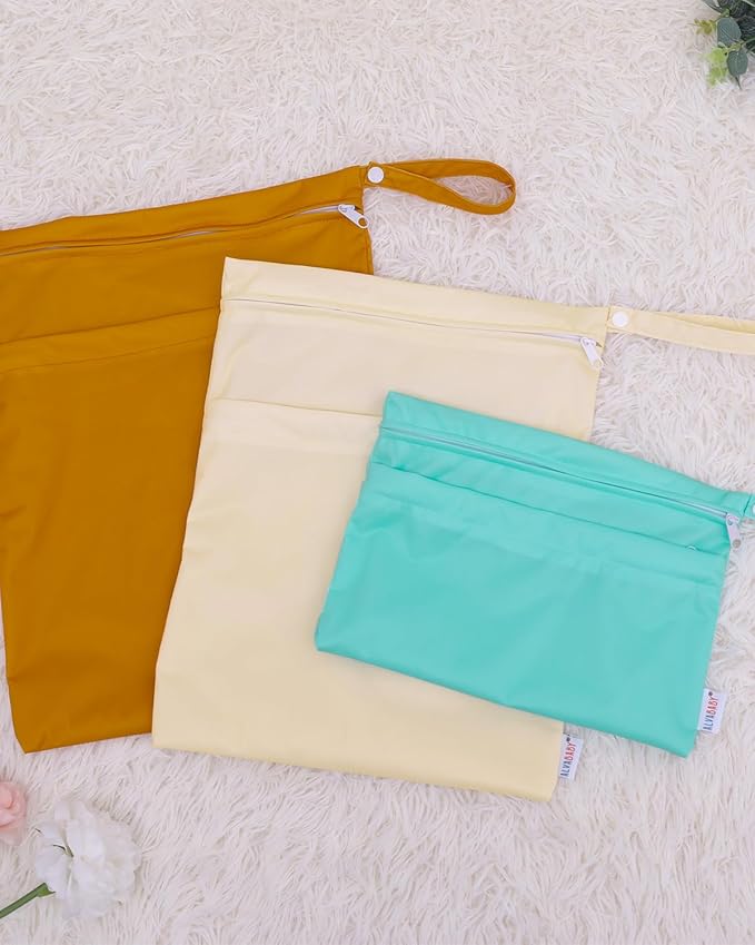 ALVA ALVABABY 3 Cloth Diaper Wet Dry Bags Waterproof Reusable with Two Zippered Pockets Travel Beach Pool Daycare Soiled Baby Items Yoga Gym Bag for Swimsuits or Wet Clothes Small medium Large