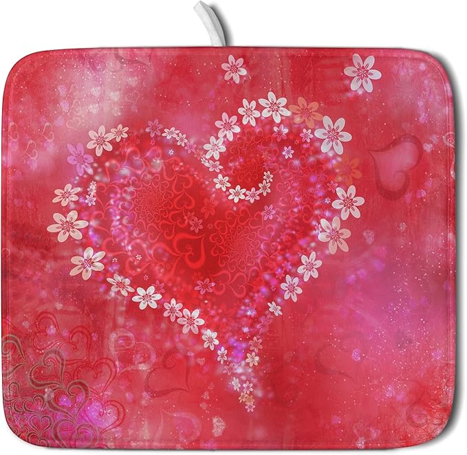 Valentines Day Dish Drying Mat for Kitchen Counter Red Heart Flower Decor Drying Mat 16 x 18 Inch with Absorbent Reversible Microfiber Dish Drying Pad Dish Rack Drainer Mat for Coffee Bar
