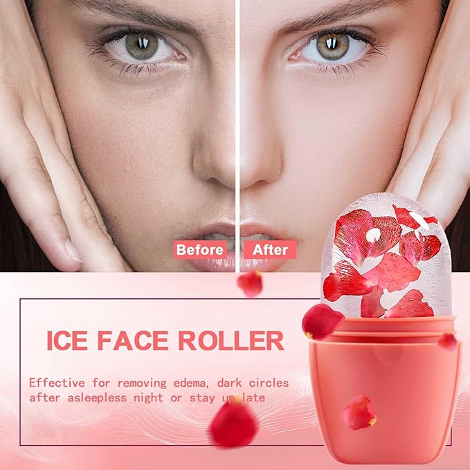 XHJRI Ice Face Roller Massager, Ice Cube Roller for Face, Eyes and Neck, Naturally Conditioning and Skin Care, De-Puff Eye Bags, Reduce Migraine Pain, Reusable Massage Silicone Ice Mold (New Pink)