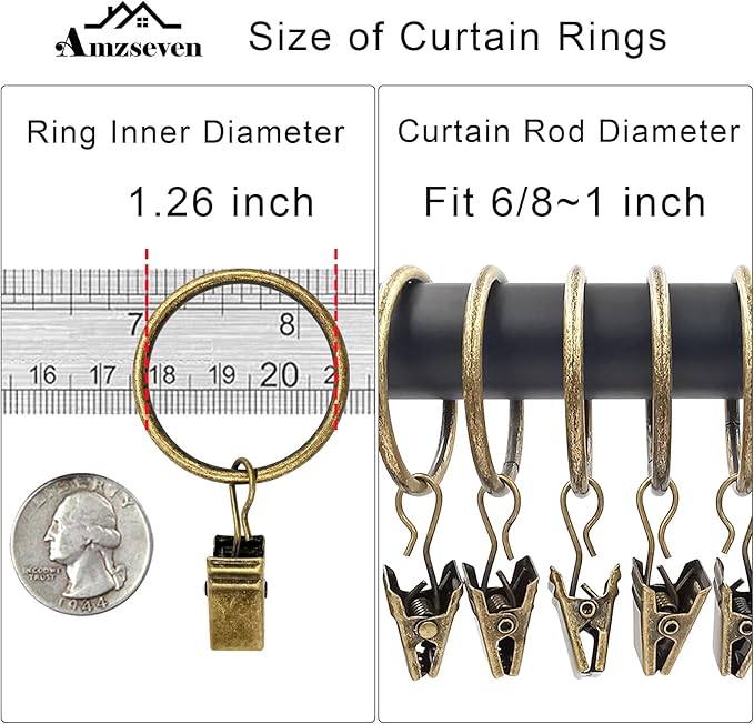 100 Pack Curtain Rings with Clips, Drapery Clips with Rings, Drapes Rings 1.26 in Interior Diameter, Fits up to 1 in Curtain Rod, Bronze