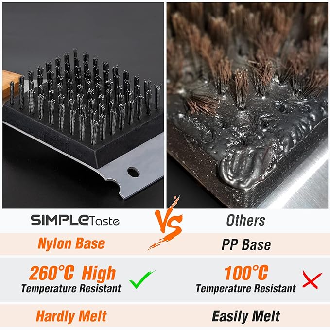 SIMPLETASTE Grill Brush and Scraper for BBQ, Durable & Effective, Replaceable Stainless Steel Head, Wooden Handle Wire Grill Brush for Outdoor Grill, Barbecue Accessories
