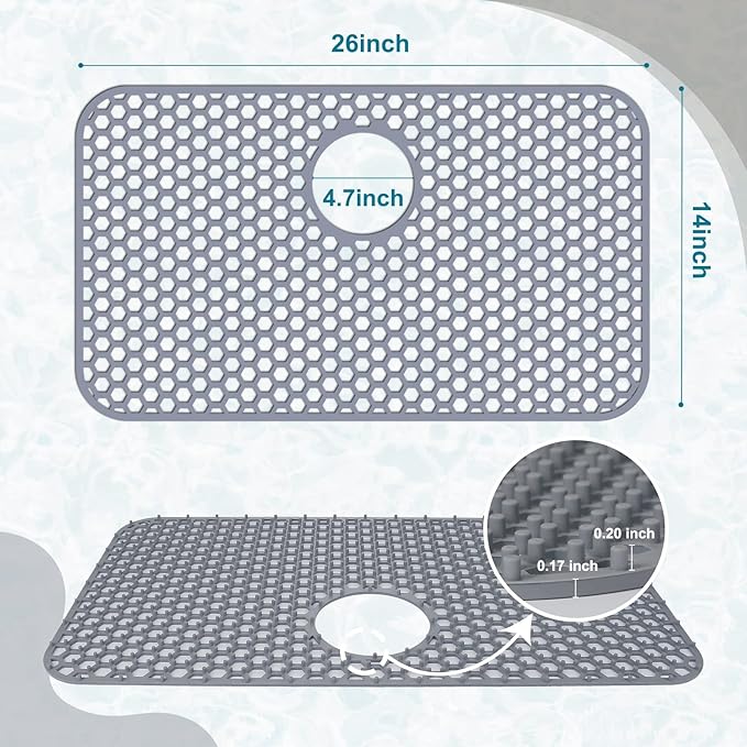 Silicone Sink Protectors for Kitchen Sink with Rear Drain - 26"x 14" Kitchen Protector Accessory, Non-Slip Heat Resistant Grid Mat for Bottom of Farmhous Peorcelain Stainless Steel(Rear Hole)