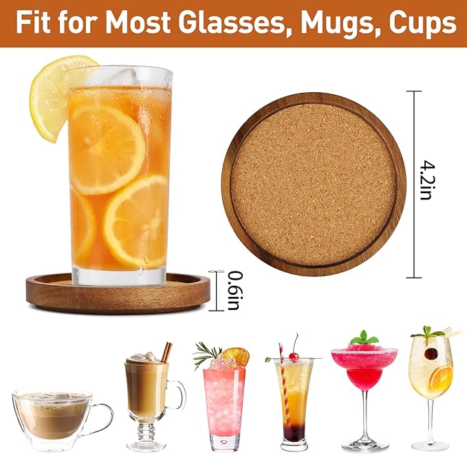 Wooden Drink Coasters Set of 4, Stackable Cup Coaster for Table, 4.2 inch Absorbent Cork Coasters Set for Tabletop Protection, Rustic Glass Coaster for Coffee, Home Decor.