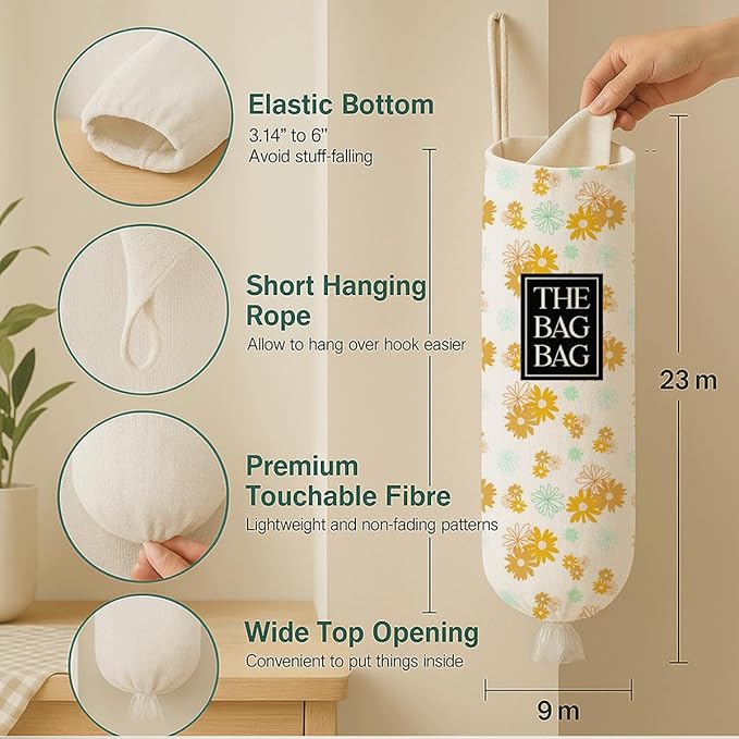 Plastic Bags Holder for Kitchen, The Bag Bag Grocery Bags Holder for Kitchen Essentials, Reusable Hanging Grocery Sack Organizer, Floral Reusable Trash Sack Storage Dispenser for Home Decor