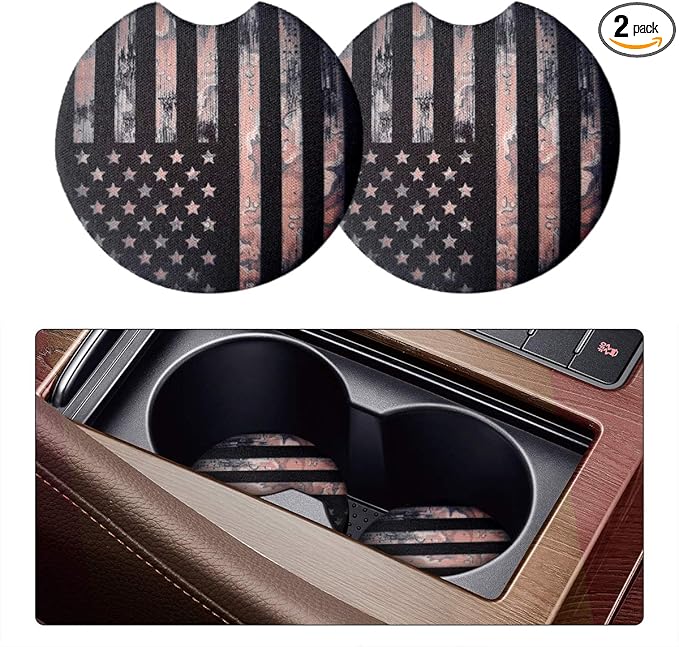 Moly Magnolia Car Coasters for Drinks Absorbent, 2 Pack Cute Car Coasters for Women, Car Cup Holder Coasters for Your Car with Fingertip Grip, Auto Accessories for Women & Lady (Flag)