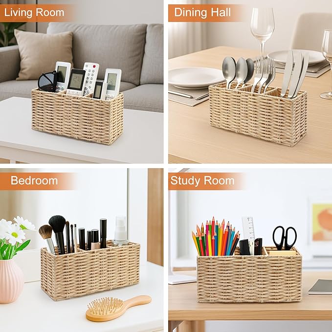 TV Remote Control Holder for Table Bedside Remote Caddy Storage Organizer Couch Nightstand Remote Box TV Controller Holder for Cutlery Silverware Desk Pen Organizer Wicker Decor Utensil Caddy Basket
