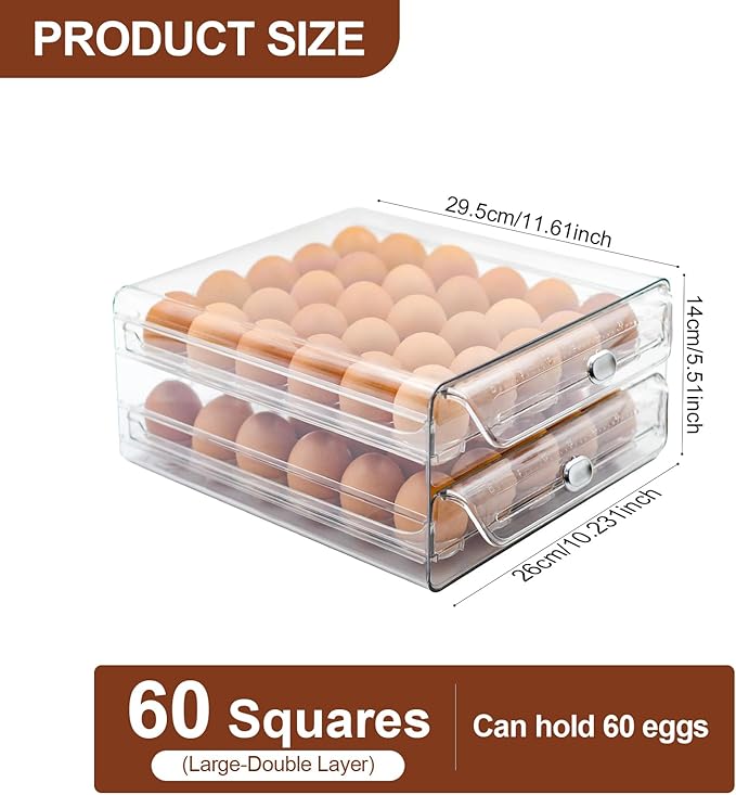 MFBJXC Egg Holder for Refrigerator, 60 Eggs Clear Drawer Organizer, 2-Layer Stackable Egg Holder Egg Trays, Egg Storage Container with Time Scale for Fridge Countertop Cabinet