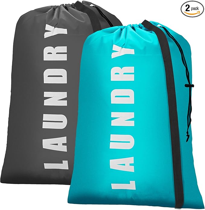 Isink Heavy Duty Laundry Bag with Strap, 2 Pack Travel Laundry Bags for Dirty Clothes, 24" x 36" Large Laundry Bag for Traveling, Camping, Dorm (Cyan + Gray)