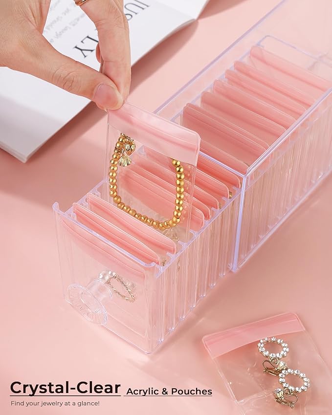 Clear Acrylic Jewelry Organizer Box with 20 Portable Pouches, Jewelry Storage Case for Women Girls, Tangle-Free, Anti-Tarnish, Compact Storage for Necklaces/Earrings/Rings, Upgraded Pink