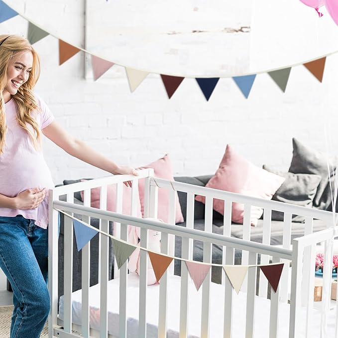 Oudain 2 Pcs Pennant Banner Flags Nursery Garland Triangle Bunting Flags Playroom Wall Decor Banner for Nursery Baby Shower Birthday Boho Wedding Party Event, Each 7.75 ft(Neutral Color)
