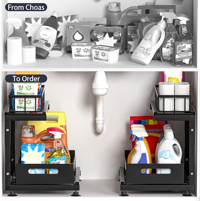 Saydear Under Sink Organizer, 2-Tier Premium Metal Pull-Out Racks with Adjustable Height, Heavy Duty Sliding Bin for Bathroom and Kitchen Cabinet Storage, Rust Resistant 1 Pack Black