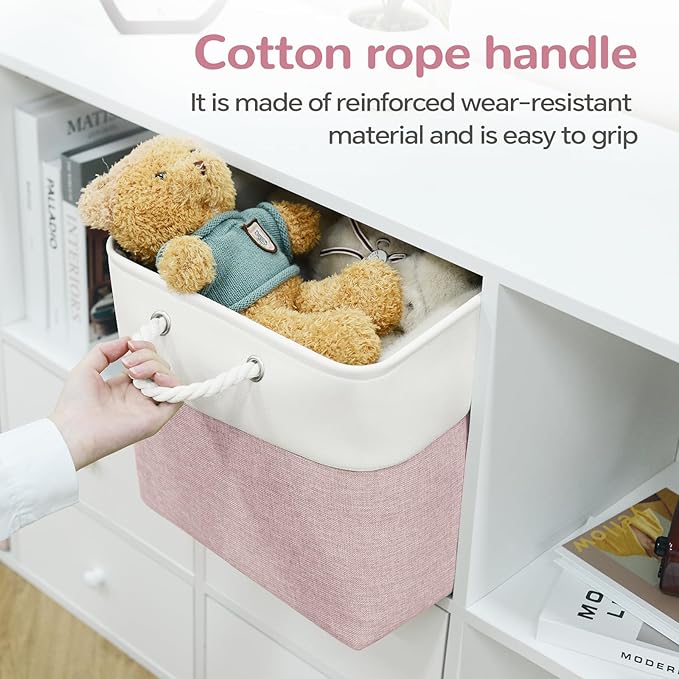 VQRTEXA 12 x 12 Inch Cube Storage Bins, 4 Pack Fabric Storage Basket with Handles, Foldable Boxes Organizer for Shelf Baskets for Home, Clothes (White/Pink)
