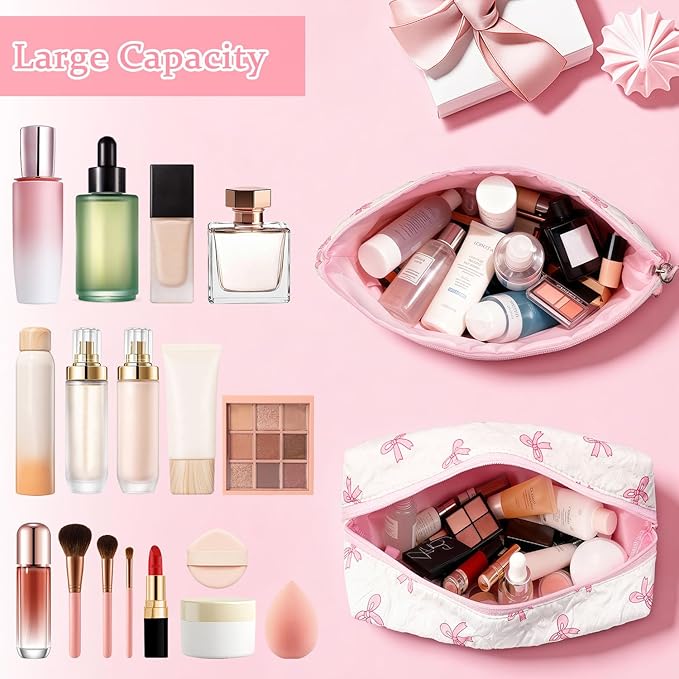 Initial Makeup Bag, Christmas Gifts for Women Teens Girls Birthday Gift Personalized Bow Cosmetic Bag, Quilted Cosmetic Travel Toiletry Pouch, Cute Makeup Organizer Teen Girl Gifts Trendy Stuff, L