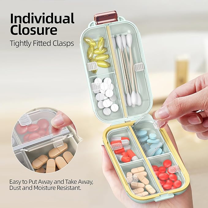 Portable Pill Organizer, Pill Box with 7 Compartments, Small Pill Case for Travel, Daily Medicine Pill Organizer with Air-Tight Lid, BPA-Free Material Pill Container (Green)