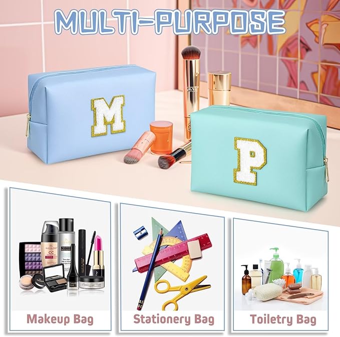 TOPEAST Personalized Makeup Bag, Chenille Letter Pouch Cosmetic Bag w Zipper, PU Leather Waterproof Toiletry Bag, Bridal Shower Gifts for Bridesmaids, Cute Stuff for Girls (Sky Blue P)