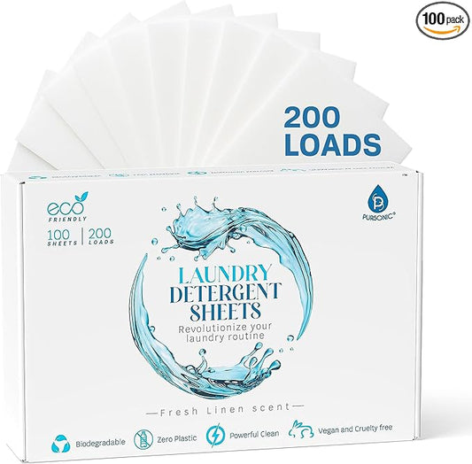 Pursonic Eco Laundry Detergent Sheets - 100 Sheet (200 Loads) Natural Zero Plastic Laundry Sheets with Powerful Cleaning Power - Travel Essentials, Quick-Dissolving & Mess-Free (Fresh Linen)