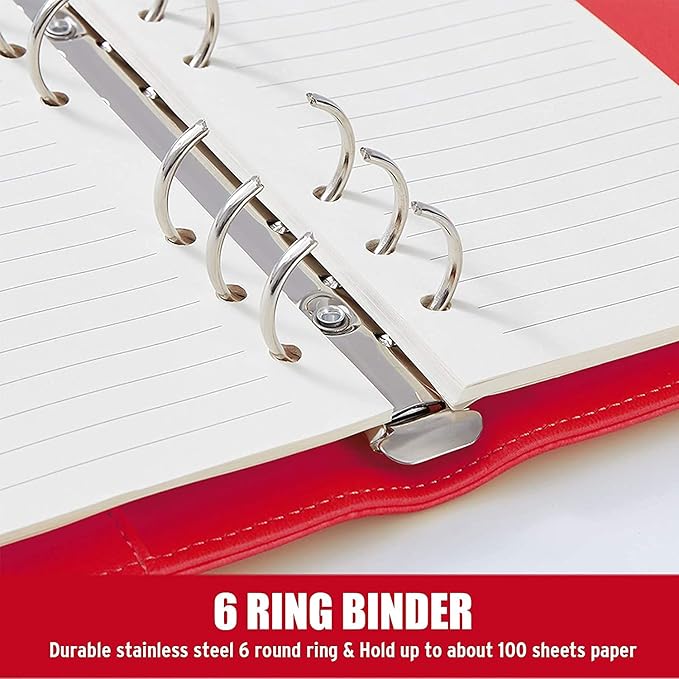Sooez A6 Notebook Binder, 6 Ring Planner Binder A6 PU Leather Notebook Binder, Loose Leaf Personal Organizer Binder Cover with Magnetic Buckle Closure, PU Leather Portfolio Binder, 7.48"x5.2"