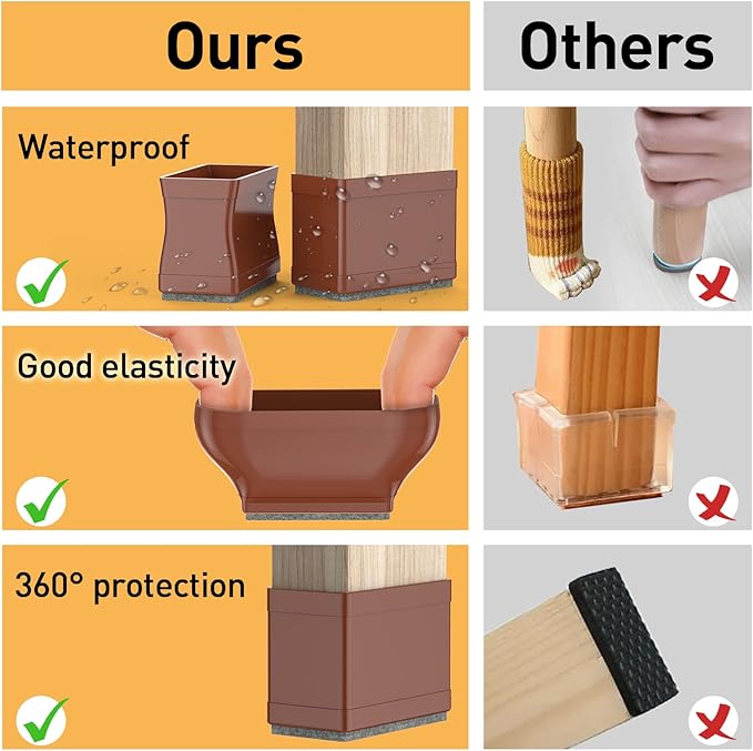 1" x 1.5" Rectangle Chair Leg Floor Protectors for Hardwood Floors Silicone Covers to Protect Wood Tile Floors Felt Pads Furniture Leg Caps Reduce Noise,Easy to Move.16 PCS Brown.