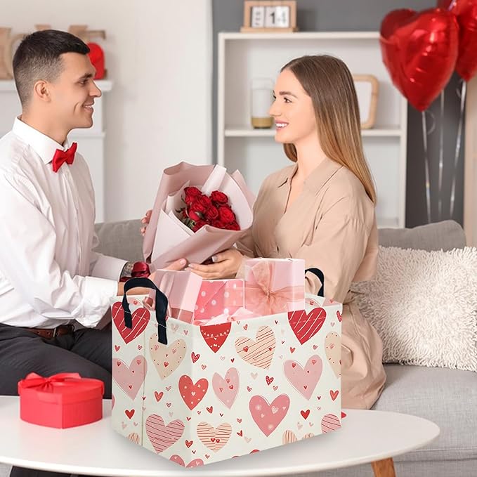 Rectangular Pink Valentine's Day Gift Basket,nursery basket,Pink girls gift baskets,kids toy storage Bin, Love Heart Room Decor for Home,Shelf Baskets(Shaped lines Heart)