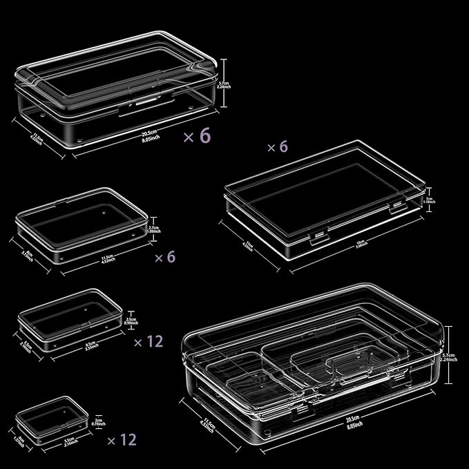 Clear Plastic Storage Containers, Mini Rectangular Organizer Boxes with Hinged Lids, 36 Pack Mixed Sizes, for Beads, Jewelry, Art Craft