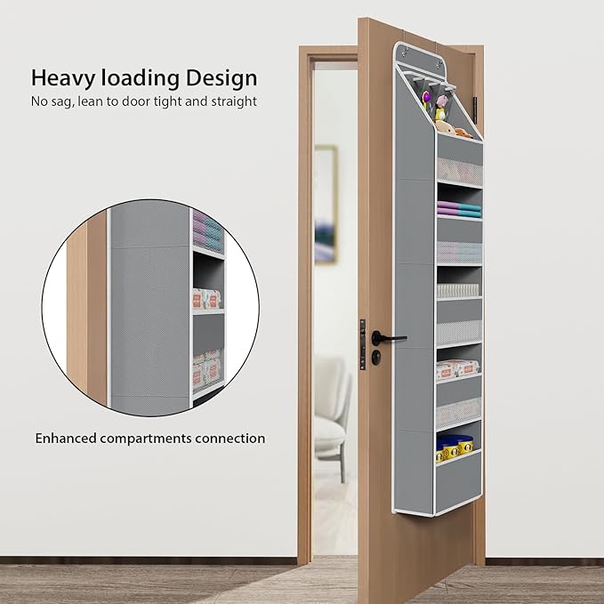 Univivi 6-Shelf Over Door Hanging Organizer Fabric Baby Door Storage with 5 Large Pockets and 3 Small PVC Pockets Wall Mount Hanging Storage Organizers for Baby Essential (Grey)