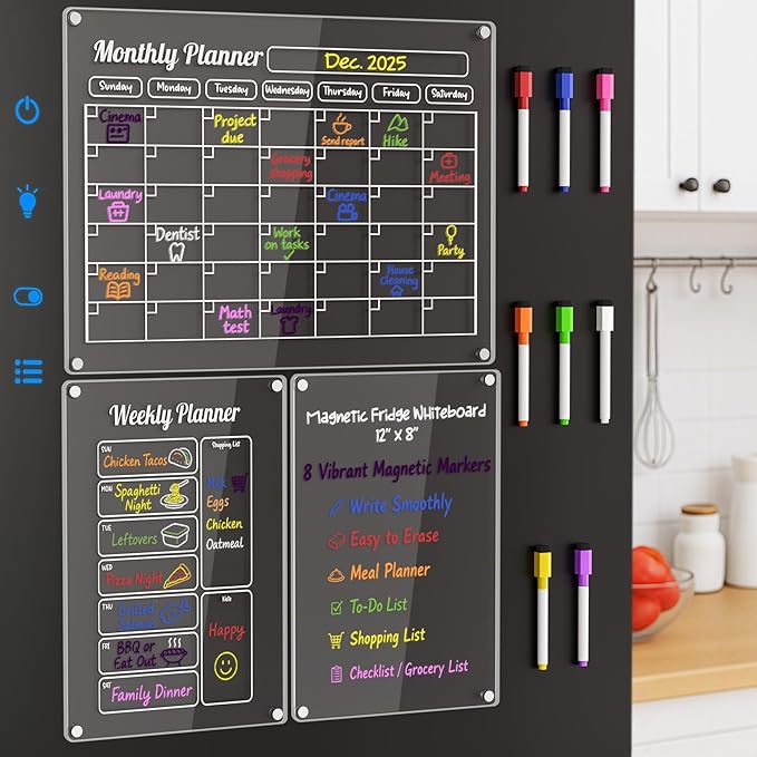 Grtard Acrylic Fridge Calendar Dry Erase Board for Fridge, 3 Pack Acrylic Calendar for Fridge Calendar Magnet, Clear Magnetic Planner Whiteboard for Refrigerator with 8 Colorful Markers