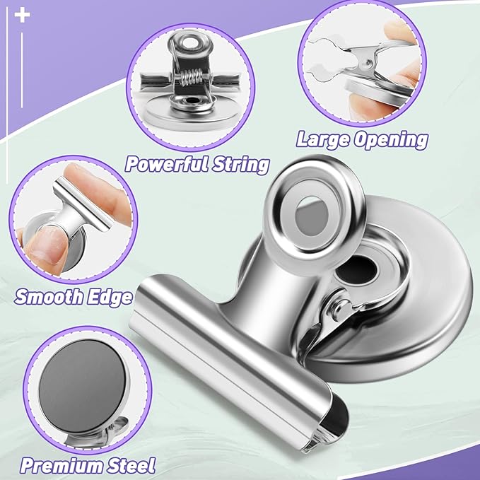 VNDUEEY 24 Pack Strong Magnetic Clips, Fridge Magnets Refrigerator Magnet, Whiteboard Magnets Heavy Duty Magnet Clips for Home, Office, Classroom, Locker, Cruise (Silver)