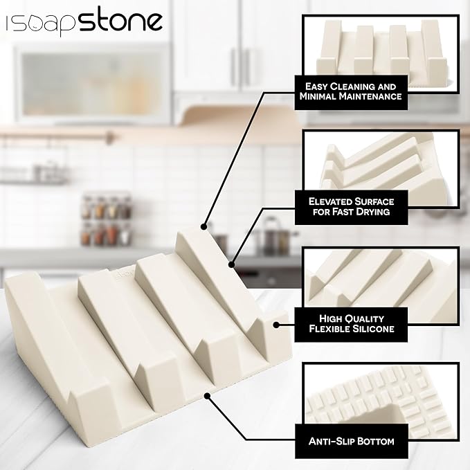 iSoapStone Silicone Soap Dish (USA Patented) Self Draining Bar Soap Holder for Shower Bathroom Sink, Drying Soap Dish Tray Sponge Holder Easy Cleaning Soap Saver Travel Accessories (Beige, 2)