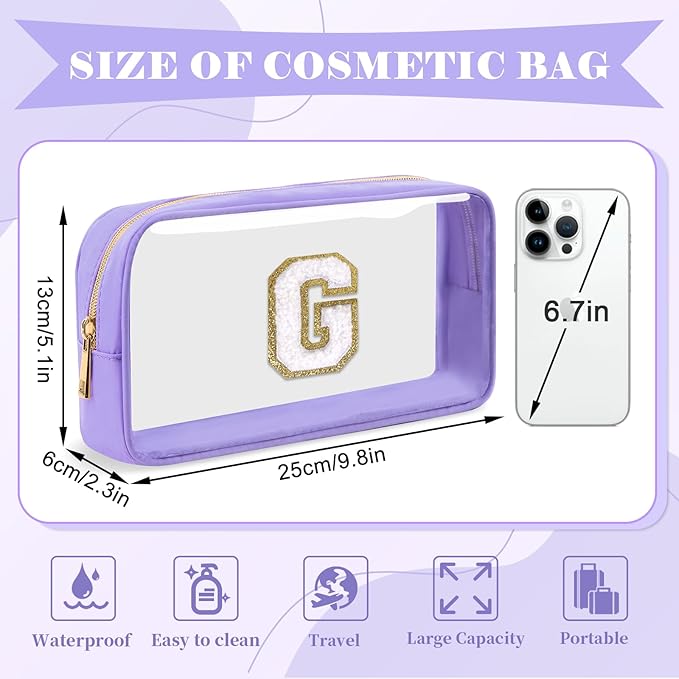 Personalized Initial Letter Clear Makeup Bag, Preppy Small Nylon & PVC Cosmetic Zipper Bag with Chenille Letter, Travel Skincare Toiletry Bag, Monogram Christmas Gift for Teen Girls Women, G